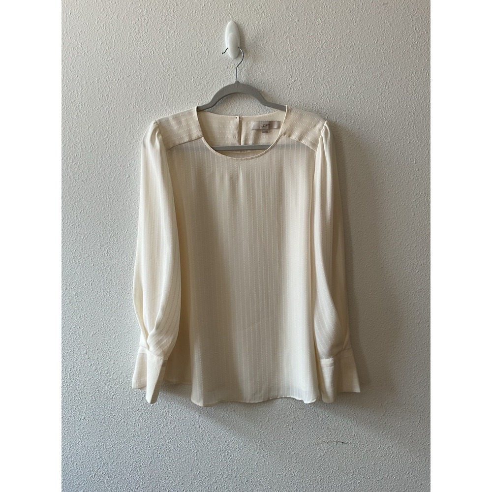 Ann Taylor Loft White Cream Blouse Stitched Chiffon Stripe L Shirt Long Sleeve
